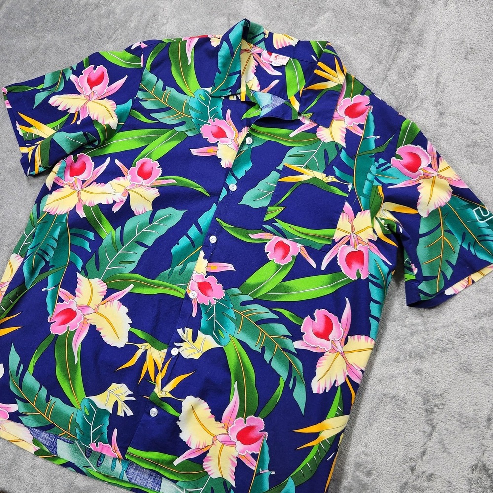 Scorpio Shirt Mens Extra Large Blue Floral Hawaiian Button Up 100%‎ Cotton USA